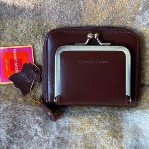 NWT Isaac Mizrahi Smooth Chocolate Leather Wallet Front KISS Lock Coin Purse